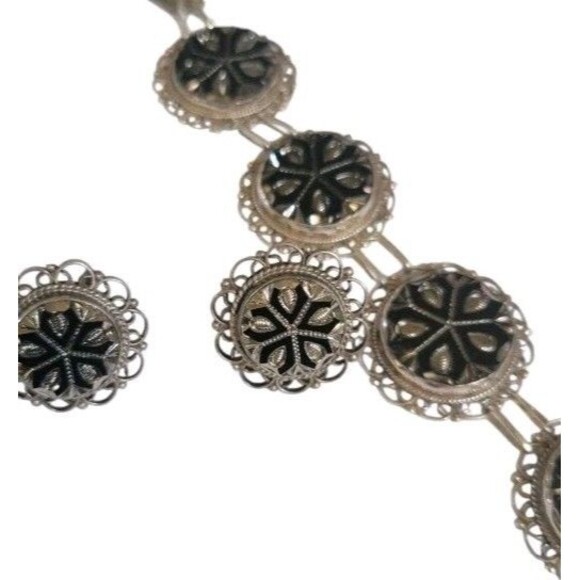 Vintage Mexico Sterling Intaglio Black Glass Mourning Bracelet & Earring Set - Picture 7 of 9